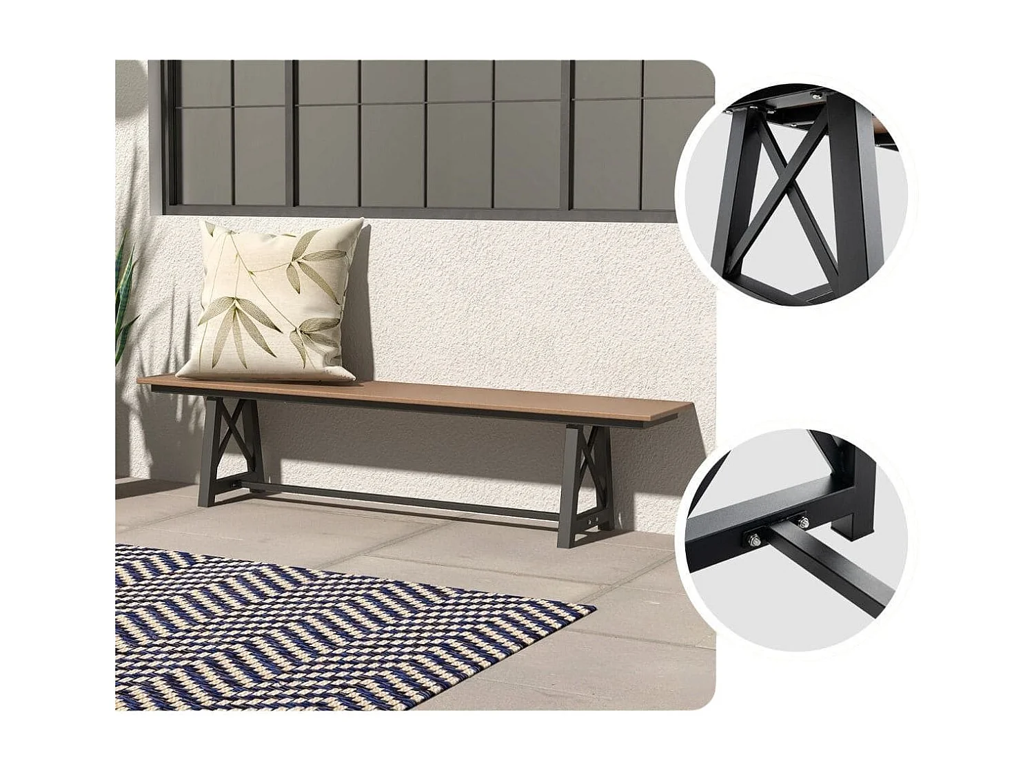 Banc d'Extérieur en HDPE pour 3 à 4 Personnes Cadre en Métal Banc de Patio Sans Dossier de 183 cm Capacité de 500 Kg Marron