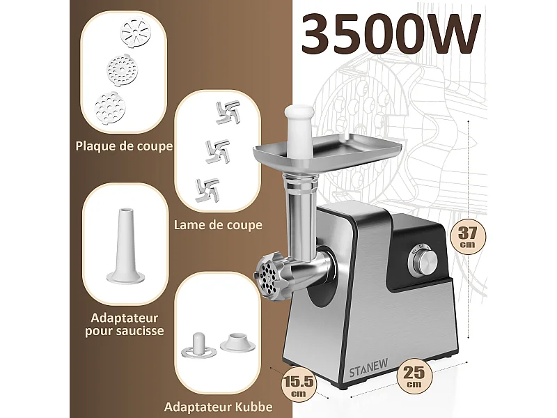 STANEW Hachoir à viande électrique, 4 en 1, avec 3 plaques de broyage en acier inoxydable (4 mm, 8 mm, ventilateur) et 3 lames, 3500 Watt