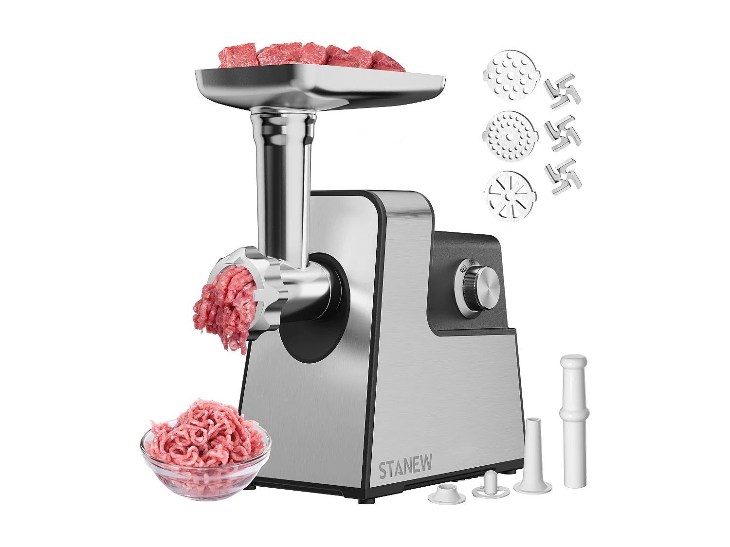 STANEW Hachoir à viande électrique, 4 en 1, avec 3 plaques de broyage en acier inoxydable (4 mm, 8 mm, ventilateur) et 3 lames, 3500 Watt