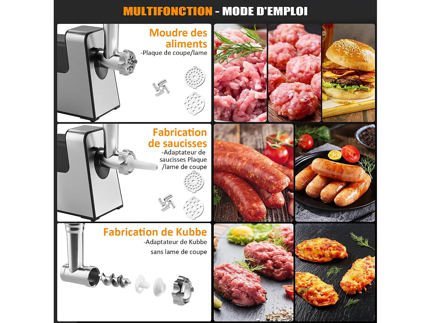 STANEW Hachoir à viande électrique, 4 en 1, avec 3 plaques de broyage en acier inoxydable (4 mm, 8 mm, ventilateur) et 3 lames, 3500 Watt