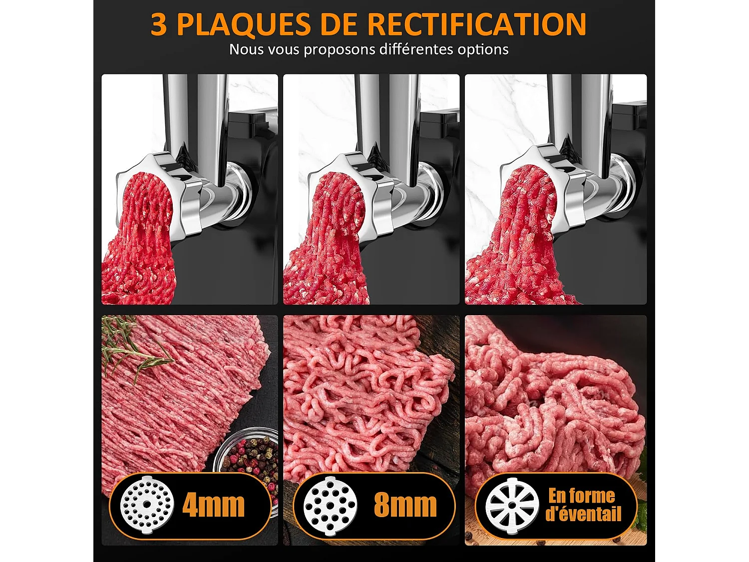 STANEW Hachoir à viande électrique, 4 en 1, avec 3 plaques de broyage en acier inoxydable (4 mm, 8 mm, ventilateur) et 3 lames, 3500 Watt