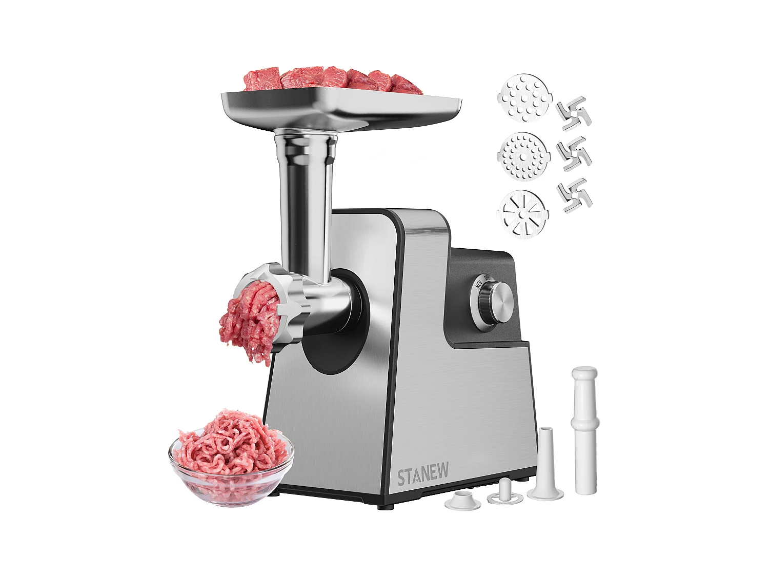 STANEW Hachoir à viande électrique, 4 en 1, avec 3 plaques de broyage en acier inoxydable (4 mm, 8 mm, ventilateur) et 3 lames, 3500 Watt