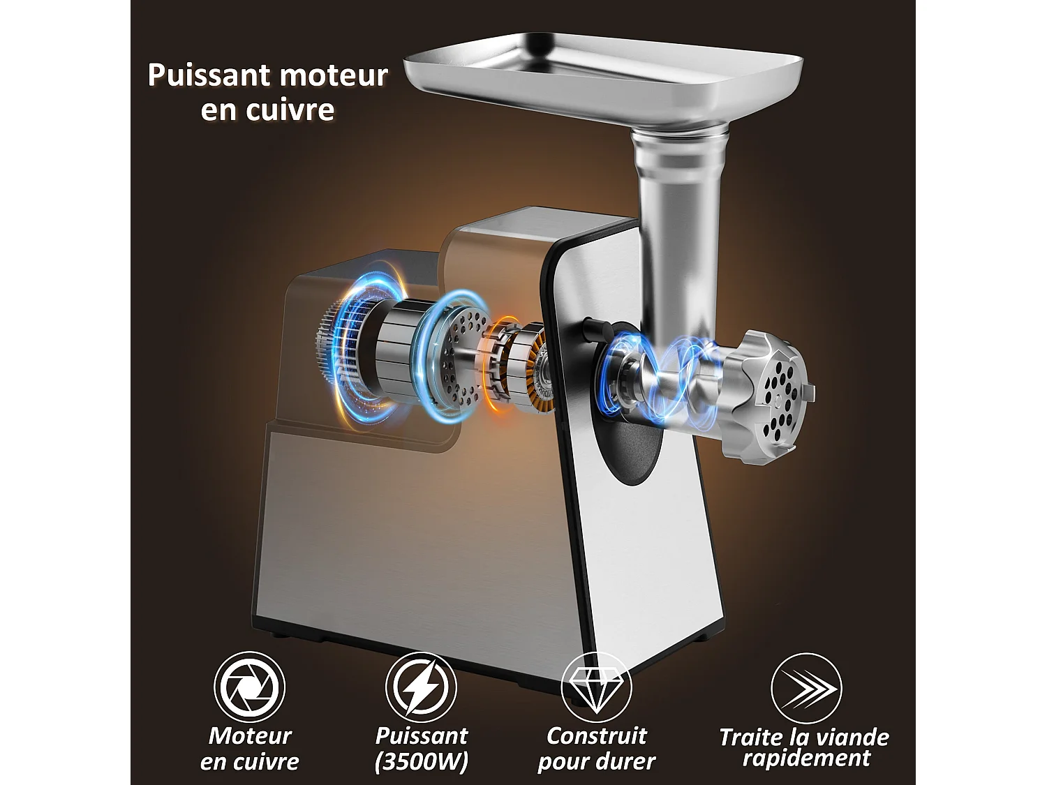Hachoir à viande électrique, 4 en 1, avec 3 plaques de broyage en acier inoxydable (4 mm, 8 mm, ventilateur) et 3 lames, 3500 Watt