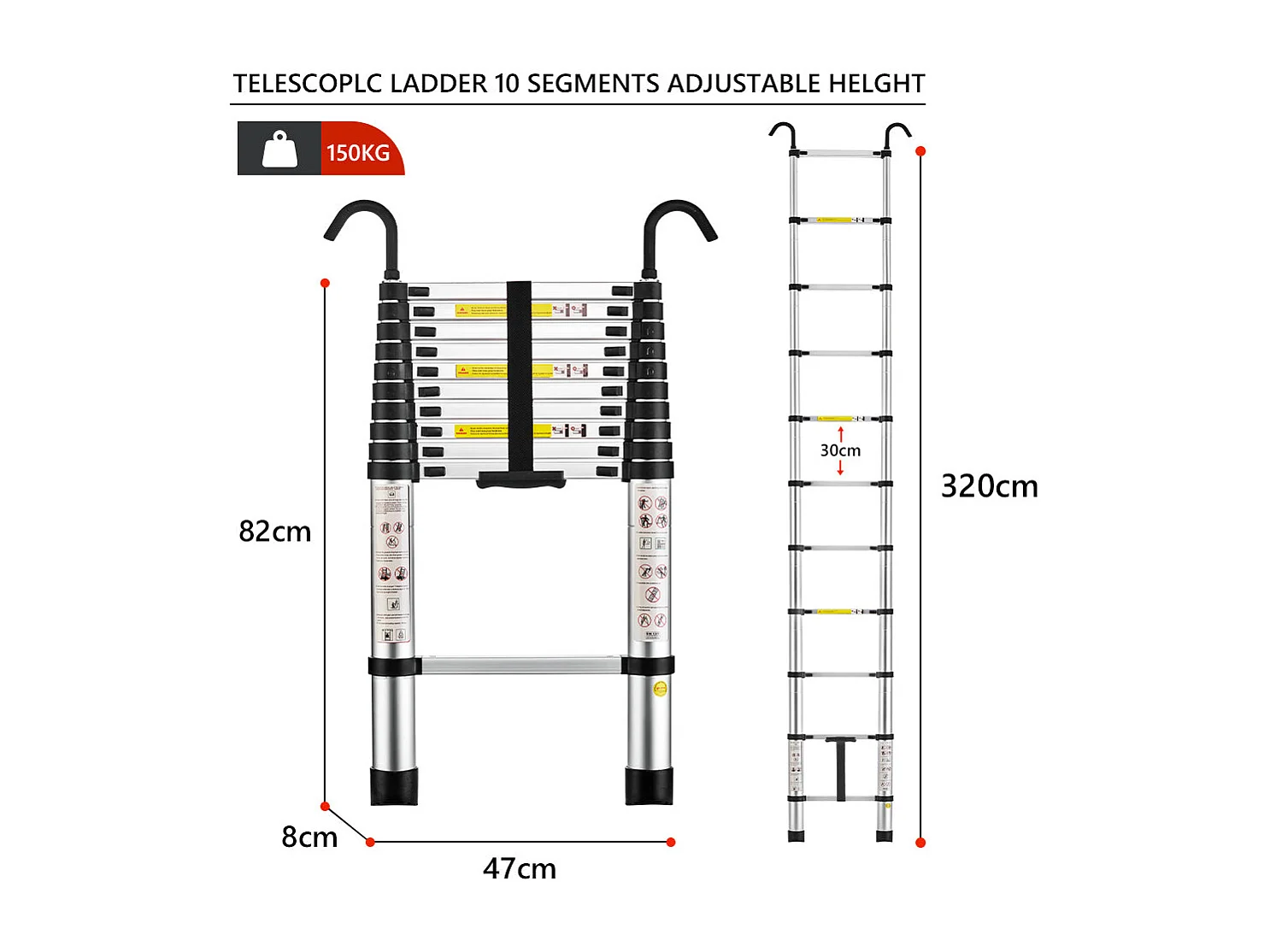Échelle Télescopique 3,2M en Aluminium Bricolage Pliable, Charge Maximale 150kg