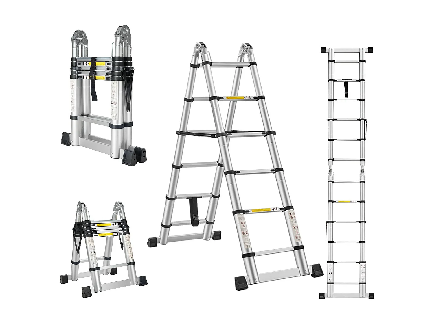 Échelle télescopique pliante 2 en 1 3,8 m (1,9 + 1,9), aluminium, capacité de charge 150 kg, argent