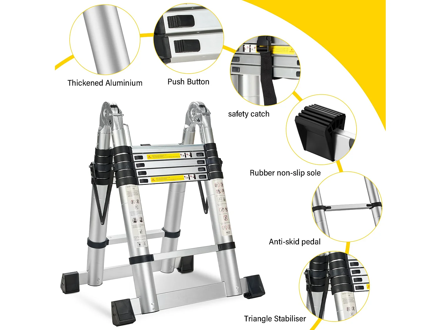 Échelle télescopique pliante 2 en 1 3,8 m (1,9 + 1,9), aluminium, capacité de charge 150 kg, argent