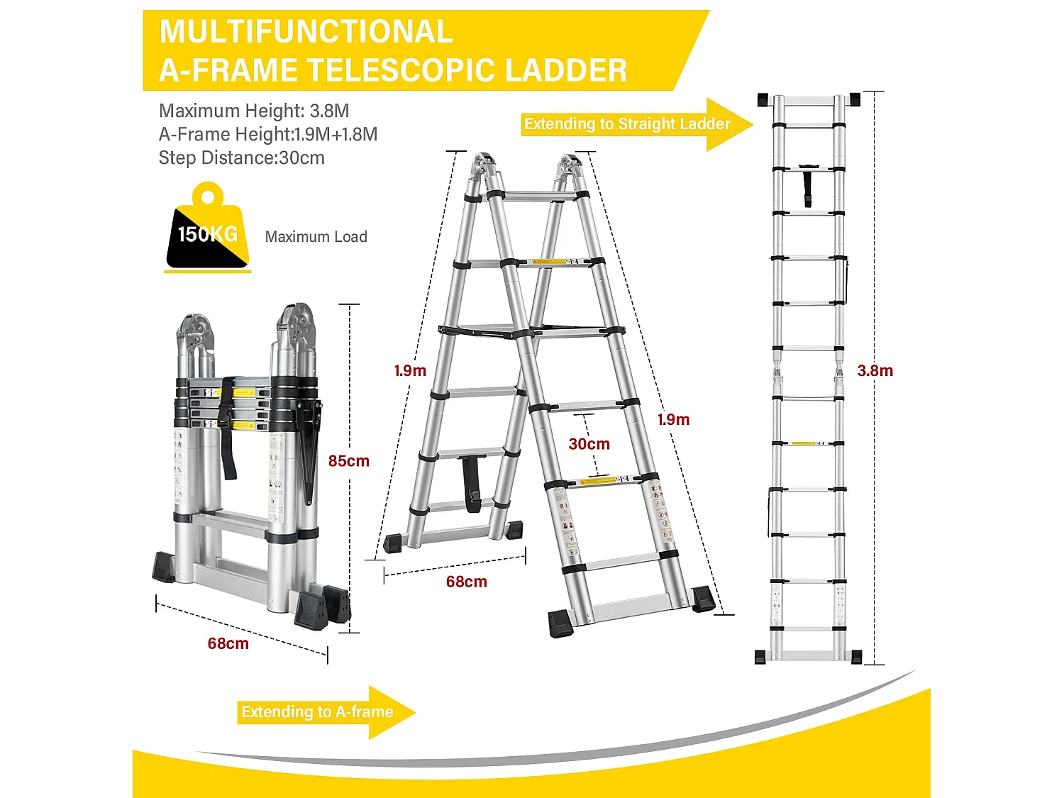 Opvouwbare 2-in-1 Telescoopladder 3,8 m (1,9 + 1,9), aluminium, draagvermogen 150 kg, zilver