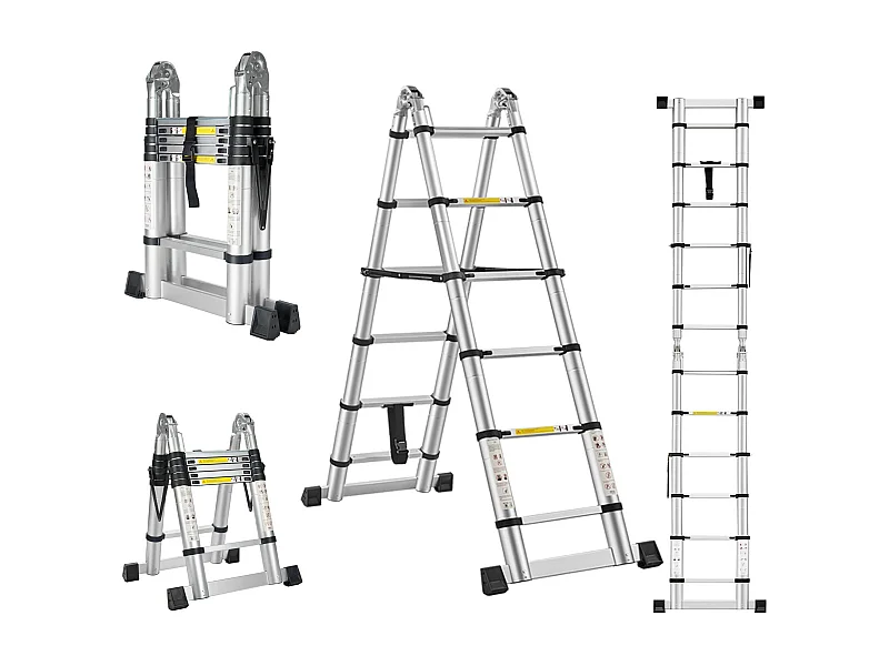 Échelle télescopique pliante 2 en 1 3,8 m (1,9 + 1,9), aluminium, capacité de charge 150 kg, argent