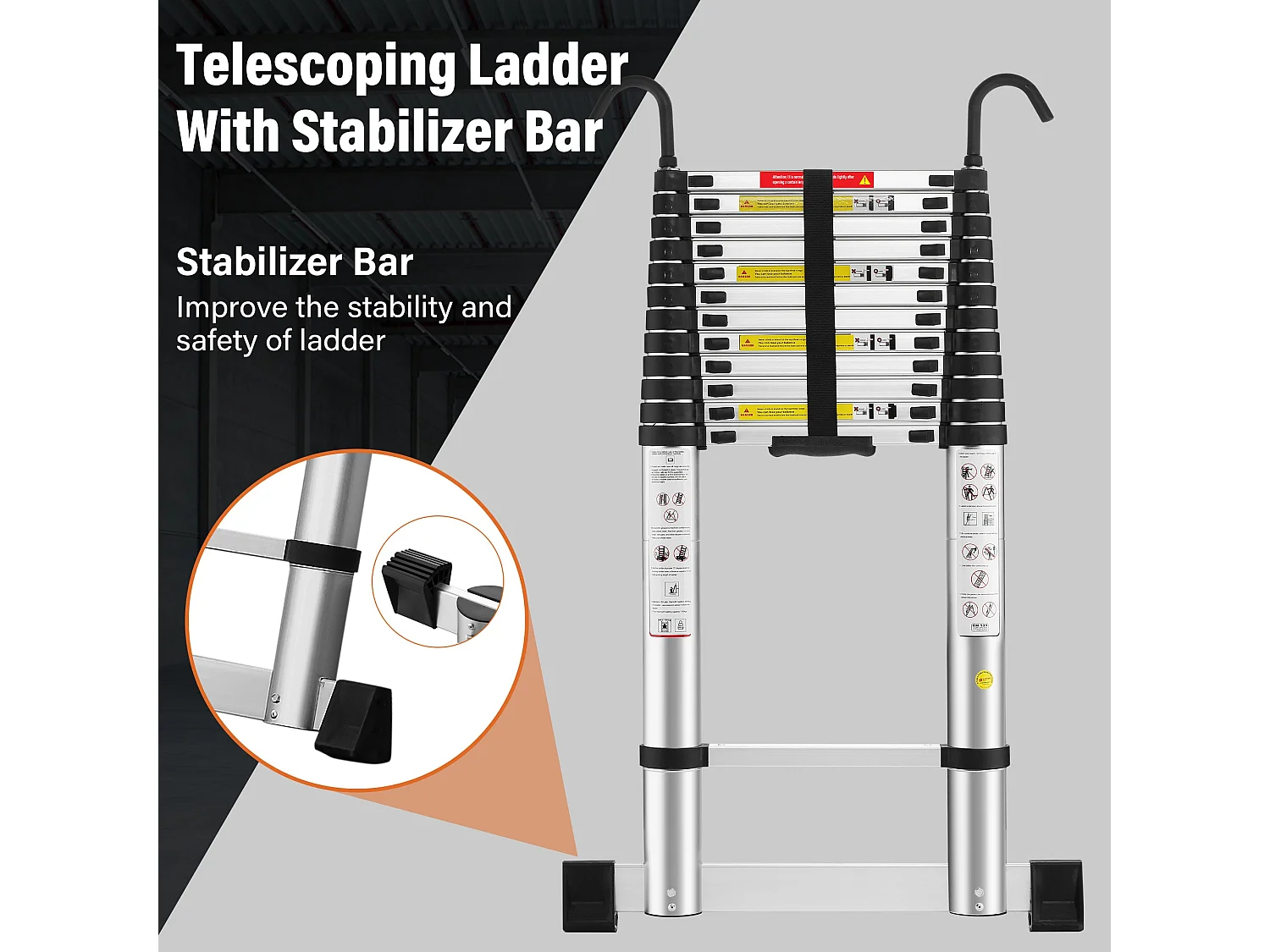Telescopische ladder van 5 meter, opvouwbare aluminium ladder met stabilisatiestang, haken en een