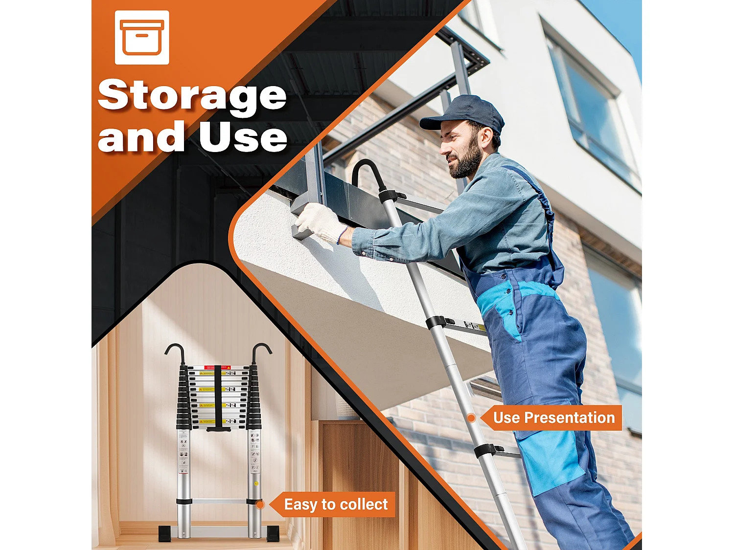 Telescopische ladder van 5 meter, opvouwbare aluminium ladder met stabilisatiestang, haken en een