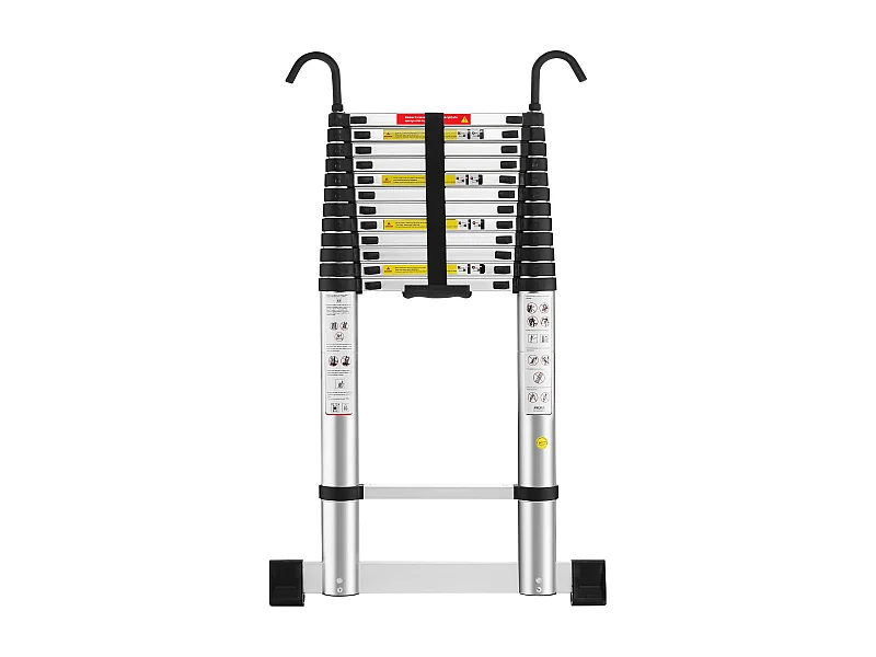 Échelle télescopique de 5 mètres, échelle pliable en aluminium avec barre stabilisatrice, crochets et capacité de charge de 150 kg.