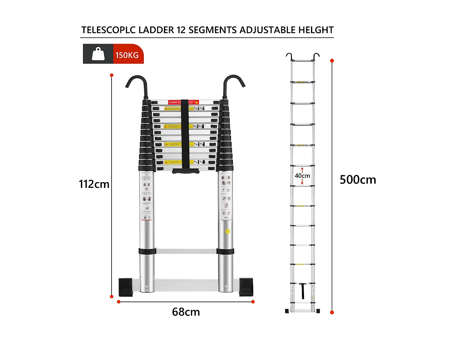 Échelle télescopique pliable de 5 m avec stabilisateur d'échelle, échelle télescopique en aluminium avec barre stabilisatrice et crochets amovibles