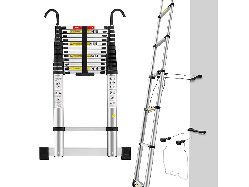 Échelle télescopique pliable de 5 m avec stabilisateur d'échelle, échelle télescopique en aluminium avec barre stabilisatrice et crochets amovibles