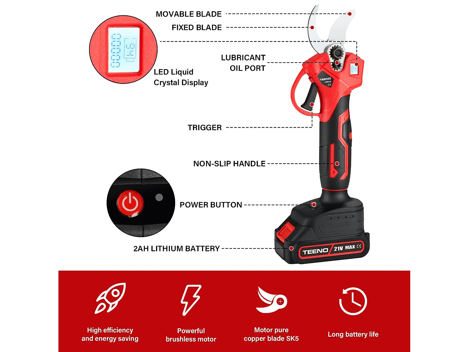 Sécateur électrique sur fil brushless 30mm avec LCD, 2 * 2000mAh Batteries