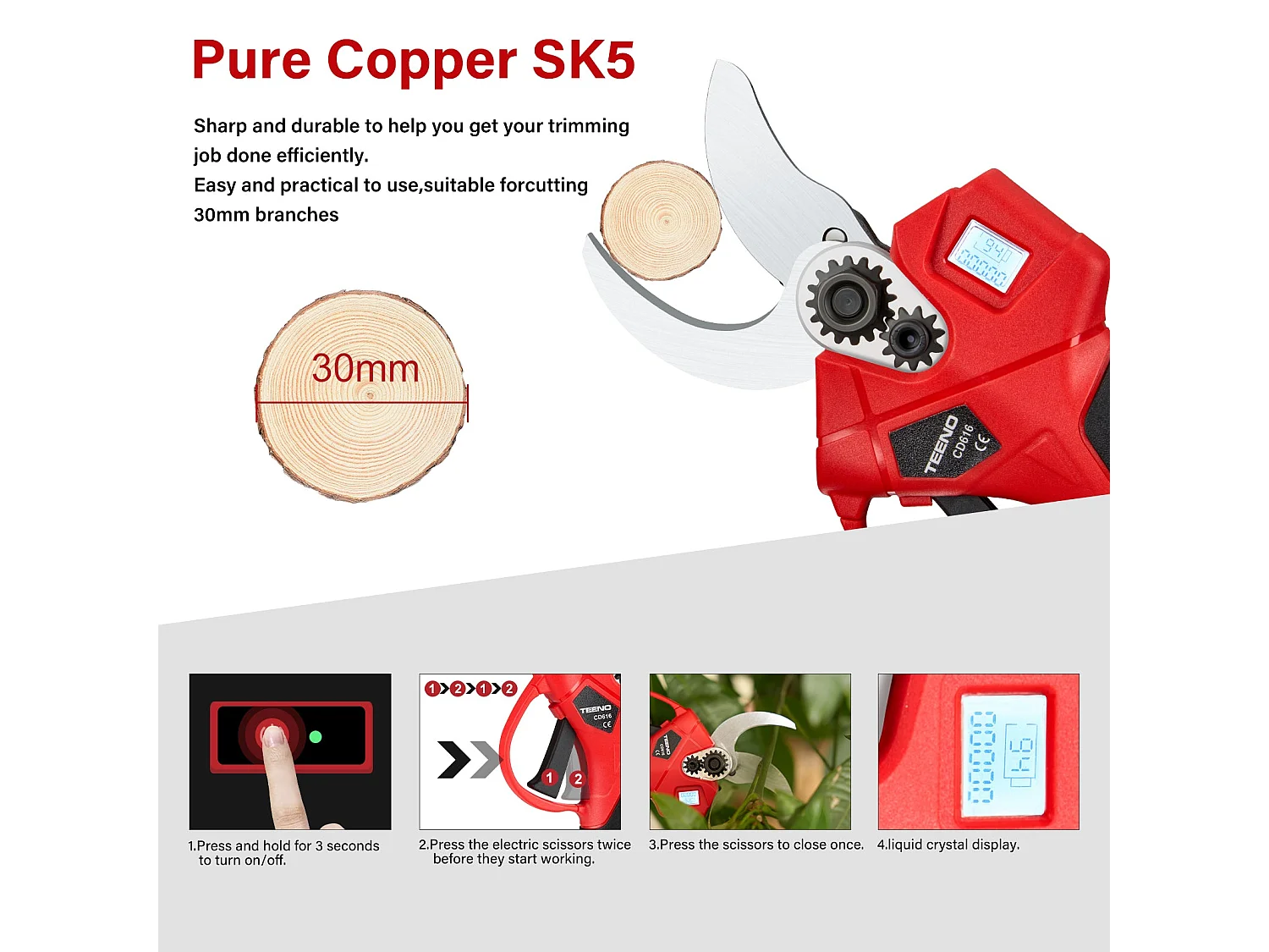 Sécateur électrique sur fil brushless 30mm avec LCD, 2 * 2000mAh Batteries