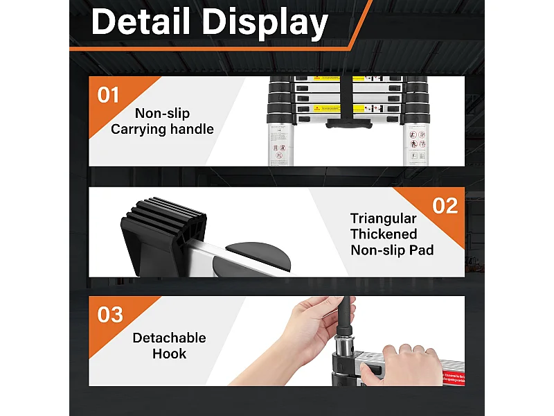 Echelle Escamotable en Aluminium avec Barre Stabilisatrice, Échelle Télescopique 6,2m avec Crochets , Charge 150 KG