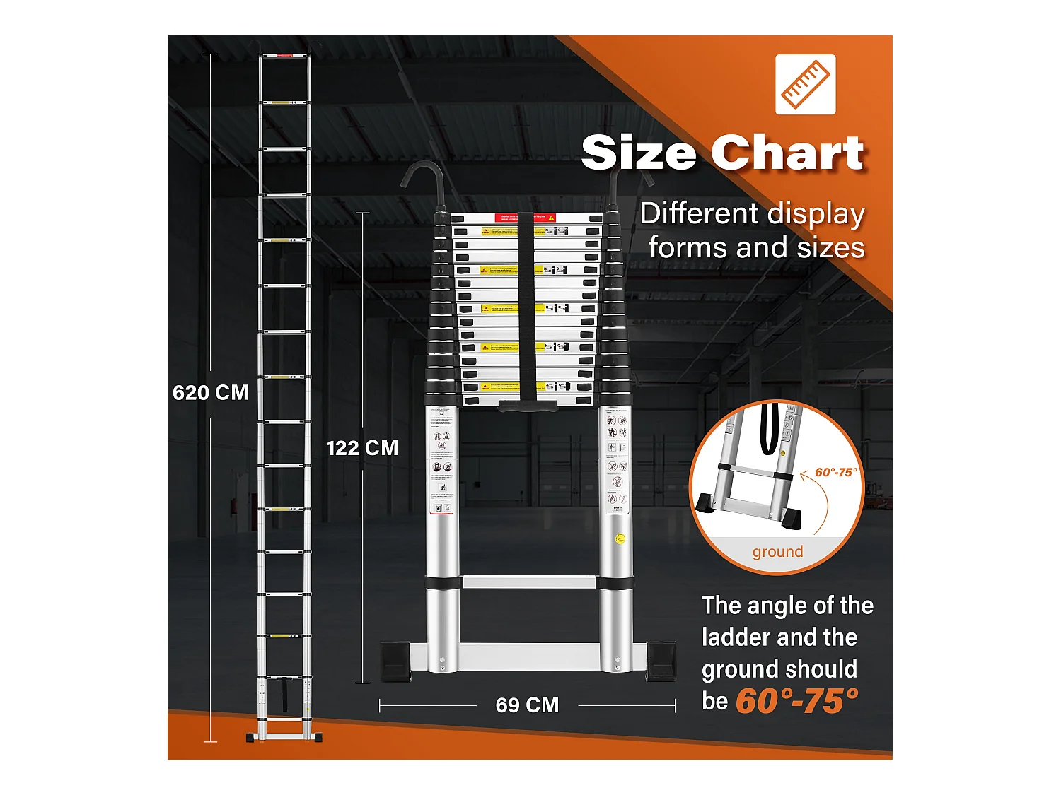Echelle Escamotable en Aluminium avec Barre Stabilisatrice, Échelle Télescopique 6,2m avec Crochets , Charge 150 KG