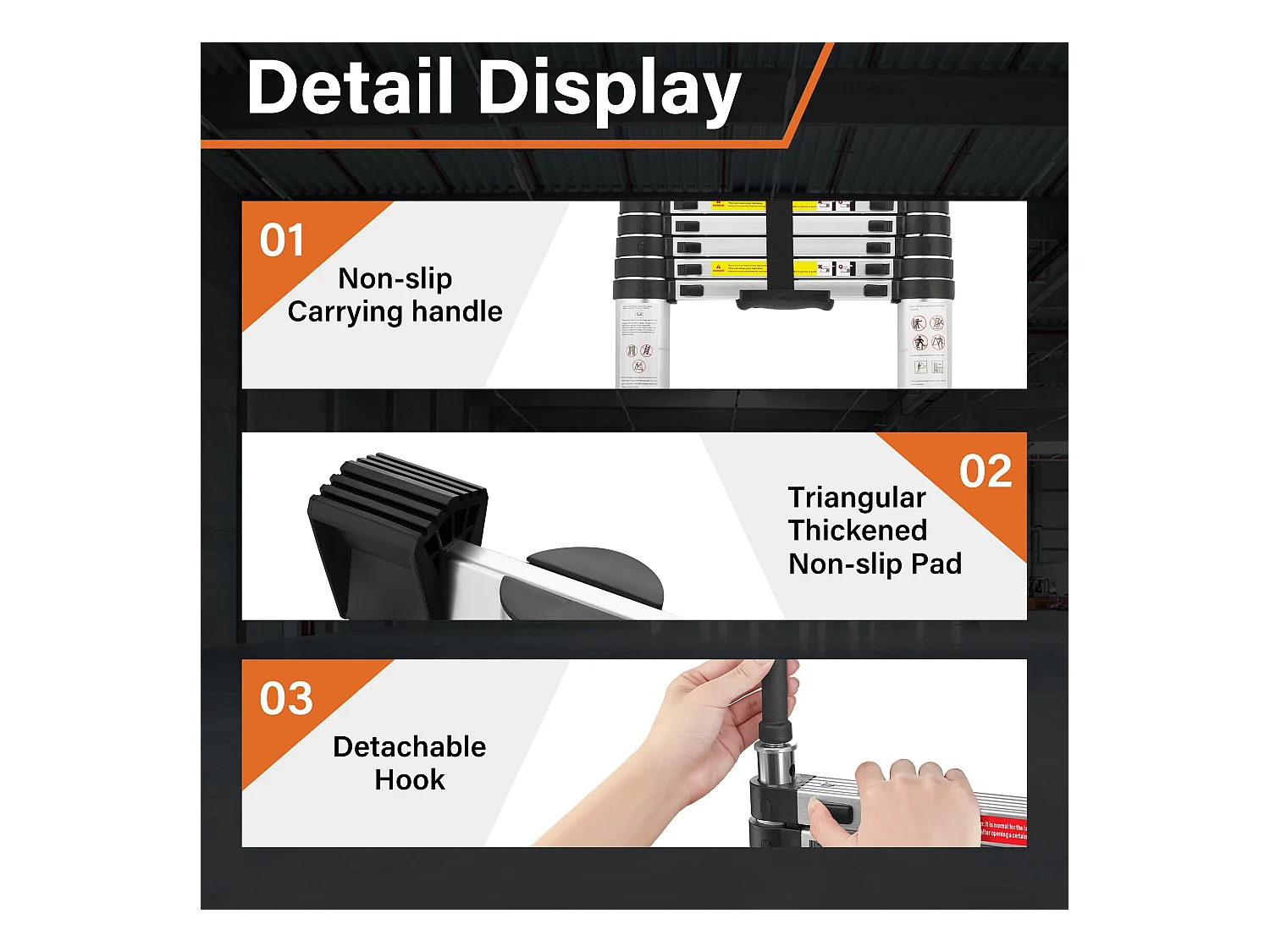 Echelle Escamotable en Aluminium avec Barre Stabilisatrice, Échelle Télescopique 6,2m avec Crochets , Charge 150 KG