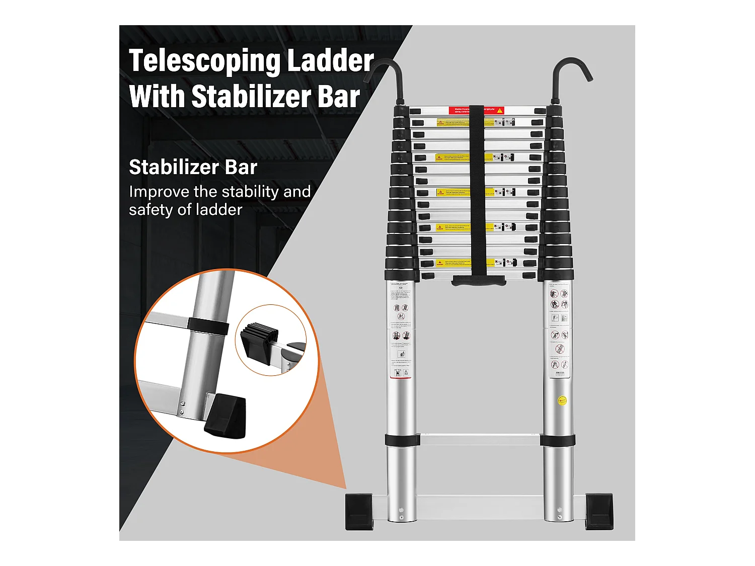 Echelle Escamotable en Aluminium avec Barre Stabilisatrice, Échelle Télescopique 6,2m avec Crochets , Charge 150 KG