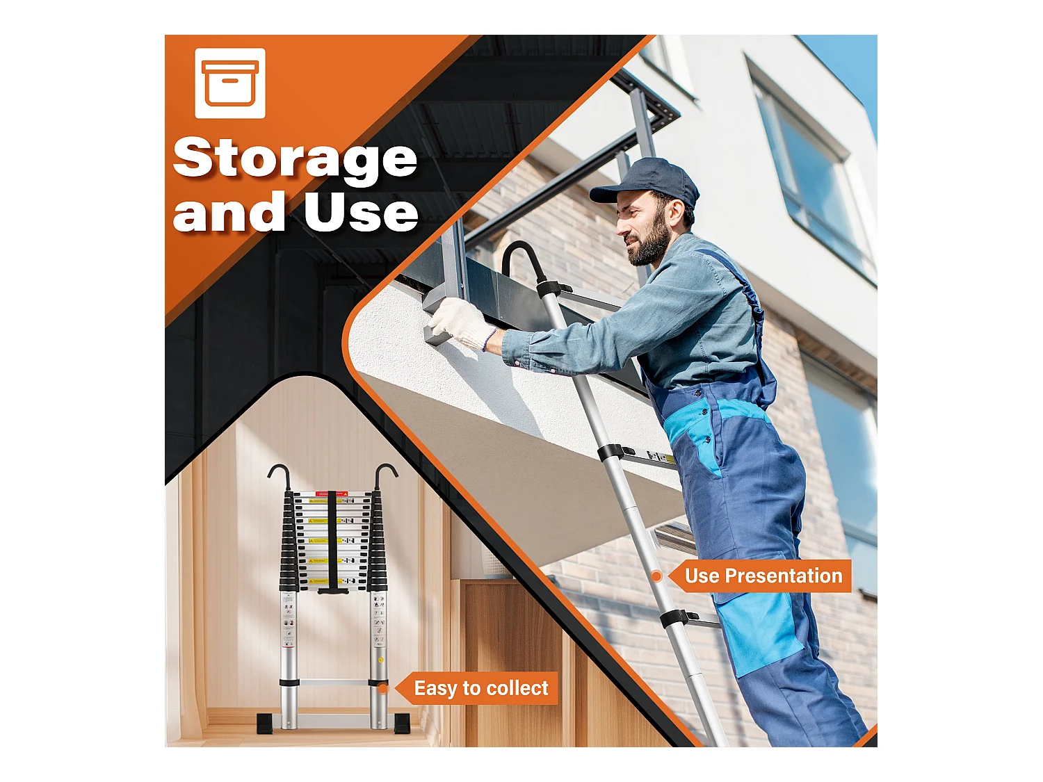 Echelle Escamotable en Aluminium avec Barre Stabilisatrice, Échelle Télescopique 6,2m avec Crochets , Charge 150 KG