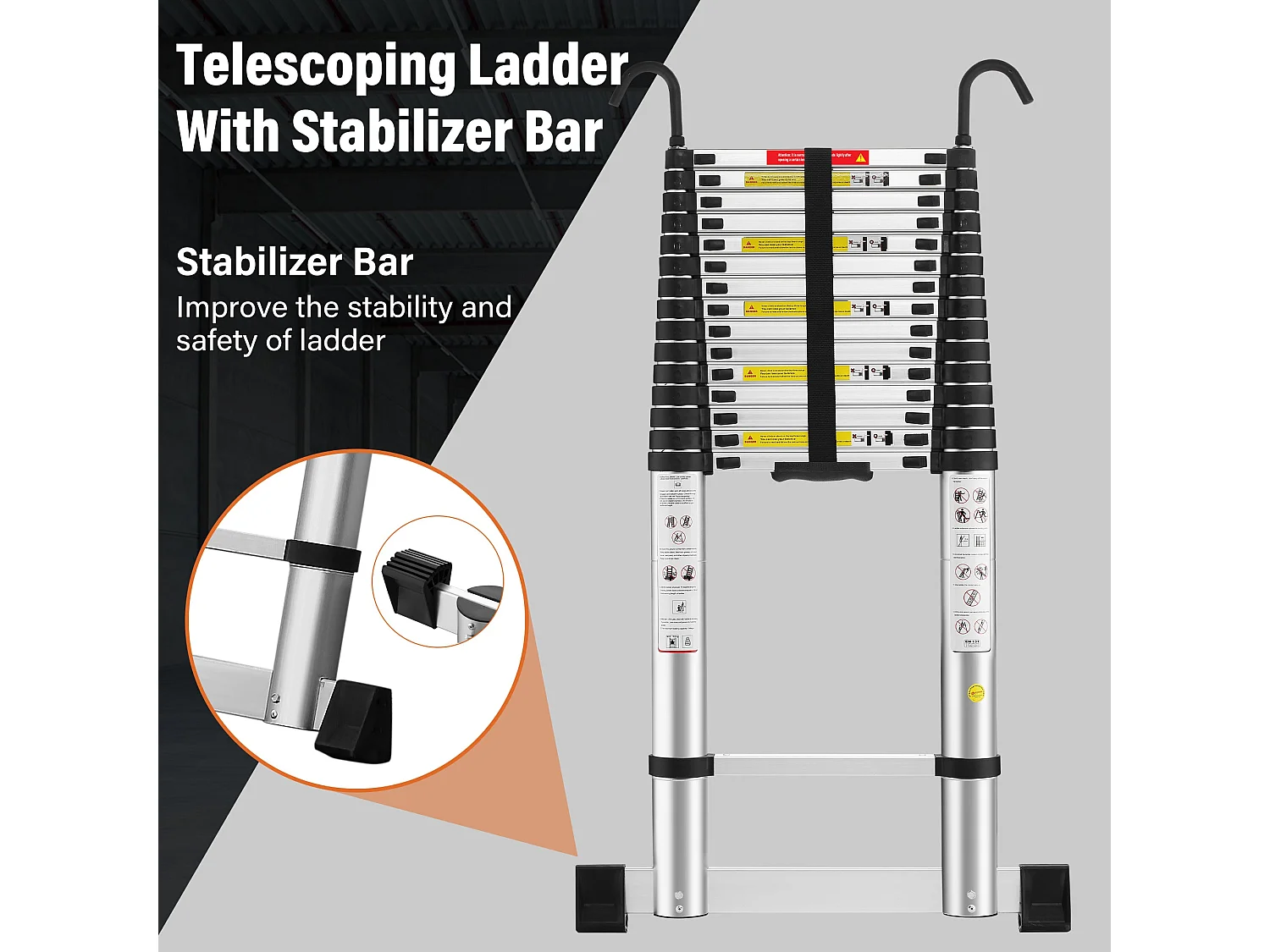 Echelle Escamotable en Aluminium avec Barre Stabilisatrice, Échelle Télescopique 6,2m avec Crochets , Charge 150 KG