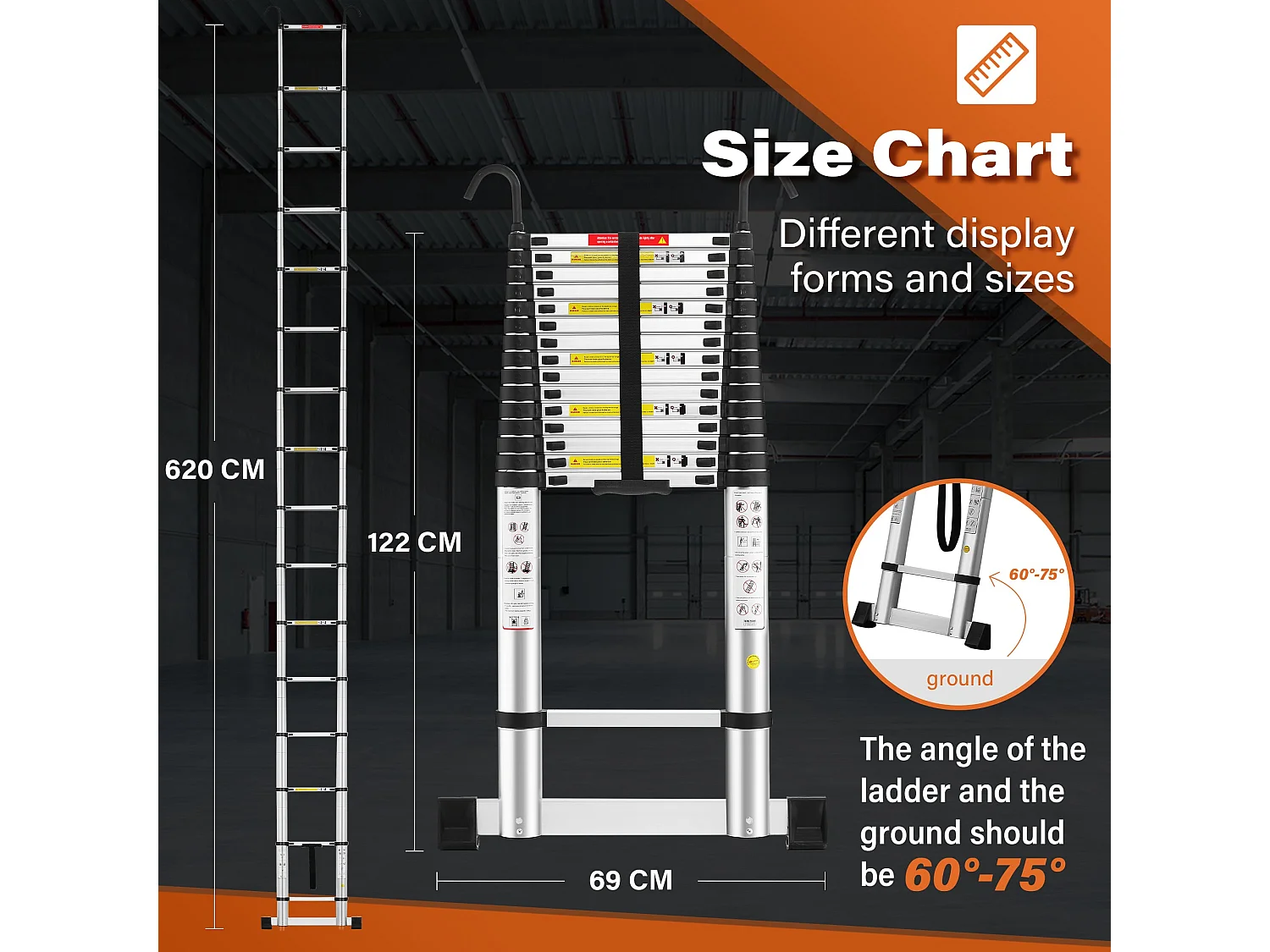 Échelle télescopique en aluminium de 6,2 mètres avec barre stabilisatrice et crochet, capacité de