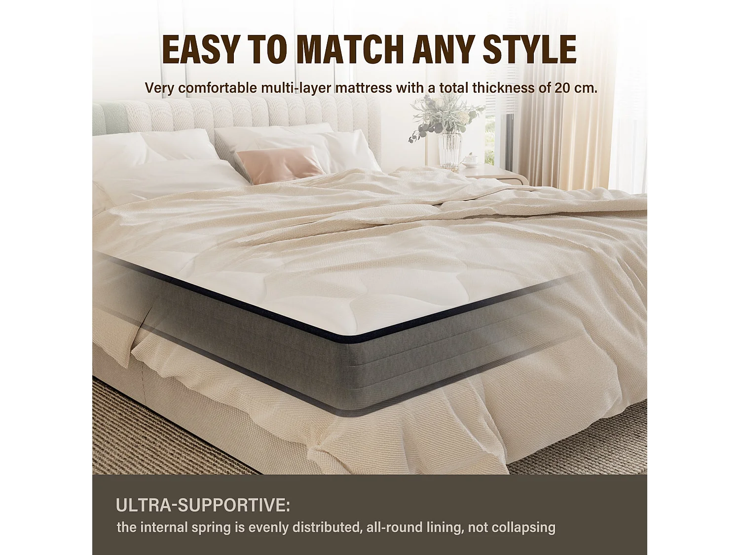 Matelas Ressorts 140x190 Épaisseur 20 cm, Confort, 7 Zones Ergonomique