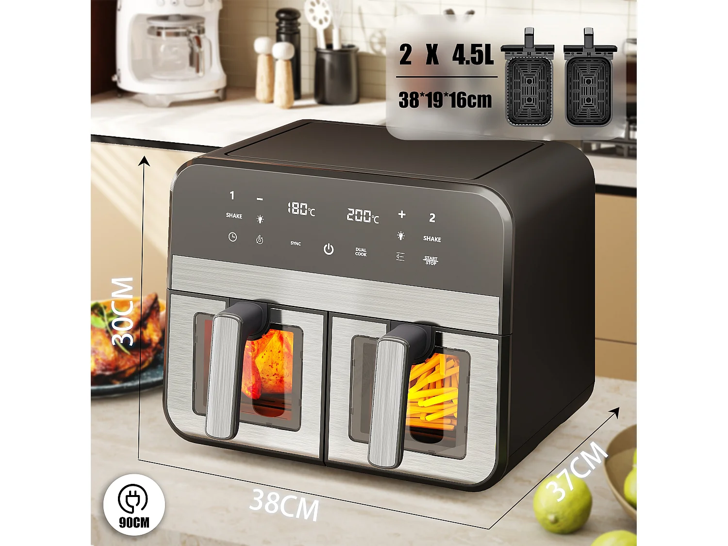 Friteuse sans Huile, Écran Tactile, Alerte aux tremblements, Noir