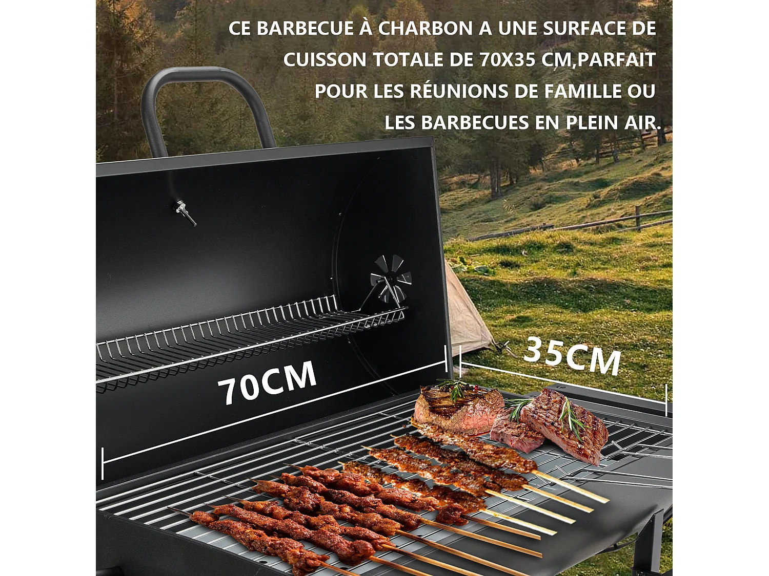 Gril à charbon de bois, gril à charbon de bois XXL avec couvercle, thermomètre, tiroir à cendres, gants anti-brûlure, évents réglables