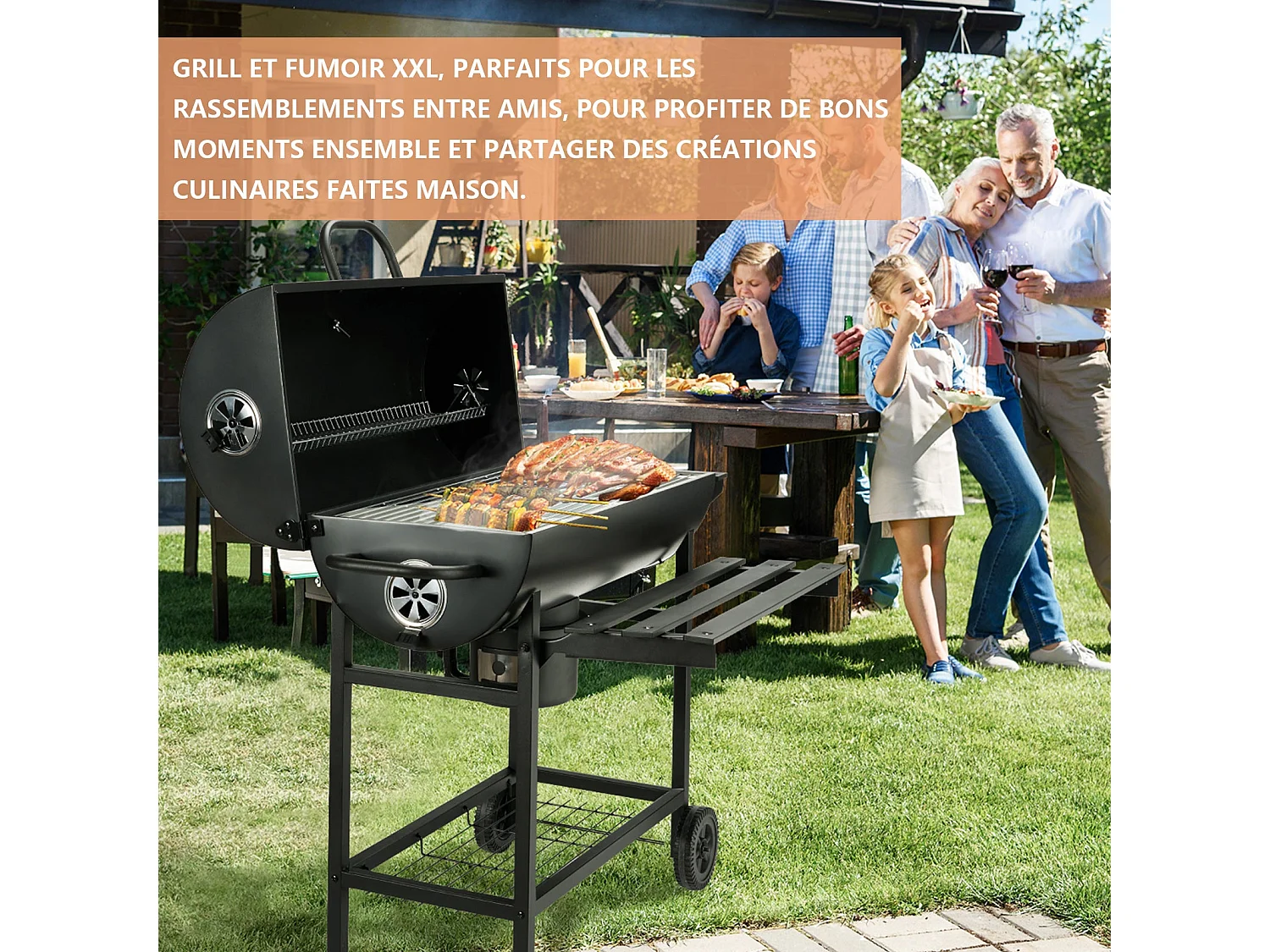 Gril à charbon de bois, gril à charbon de bois XXL avec couvercle, thermomètre, tiroir à cendres, gants anti-brûlure, évents réglables
