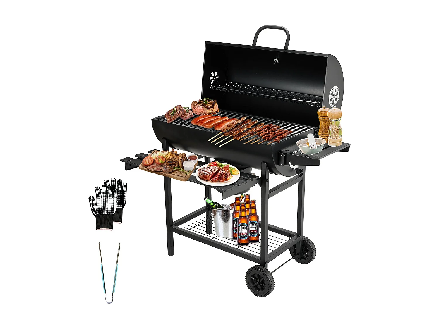 Gril à charbon de bois, gril à charbon de bois XXL avec couvercle, thermomètre, tiroir à cendres, gants anti-brûlure, évents réglables