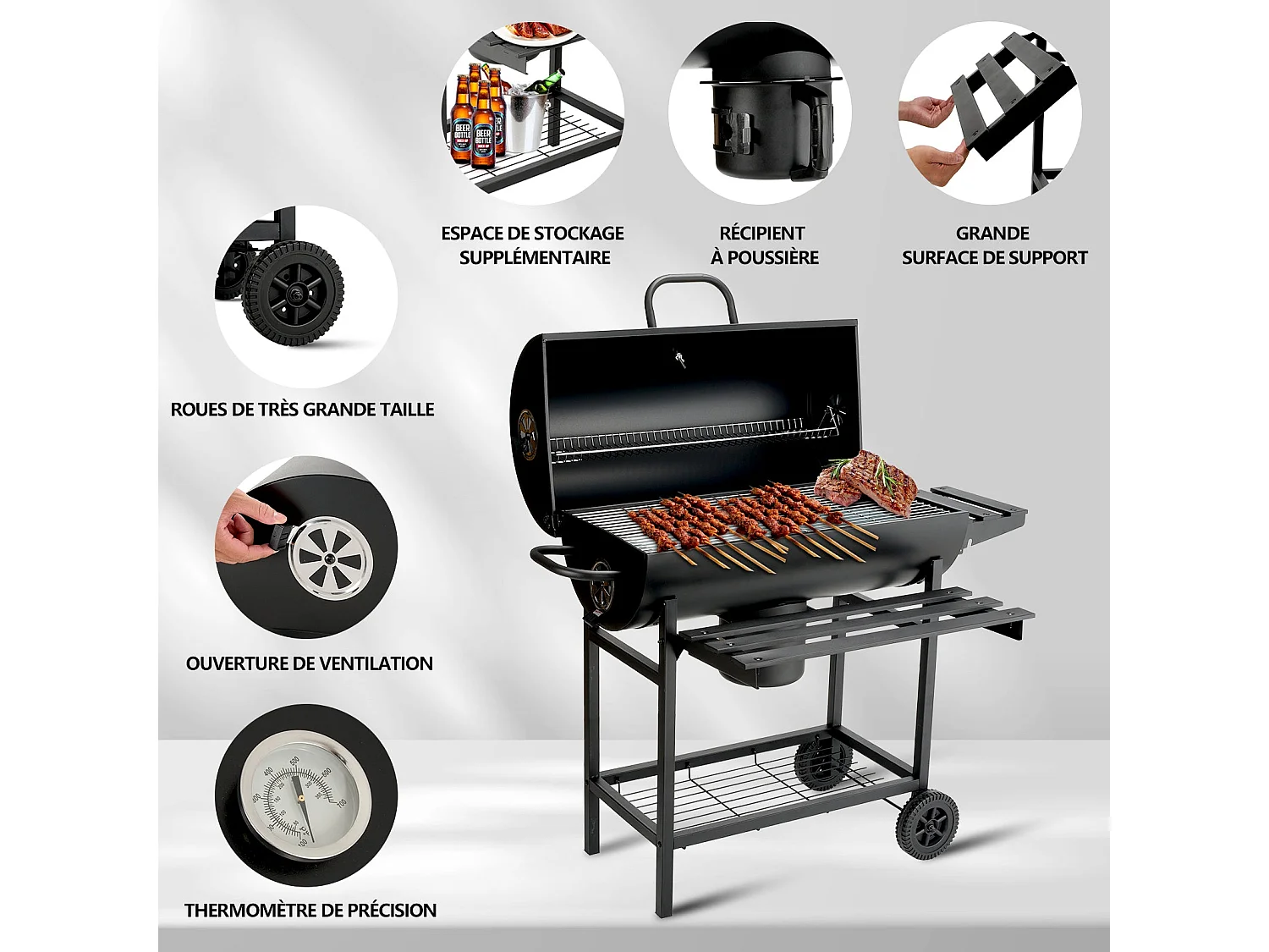Gril à charbon de bois, gril à charbon de bois XXL avec couvercle, thermomètre, tiroir à cendres, gants anti-brûlure, évents réglables