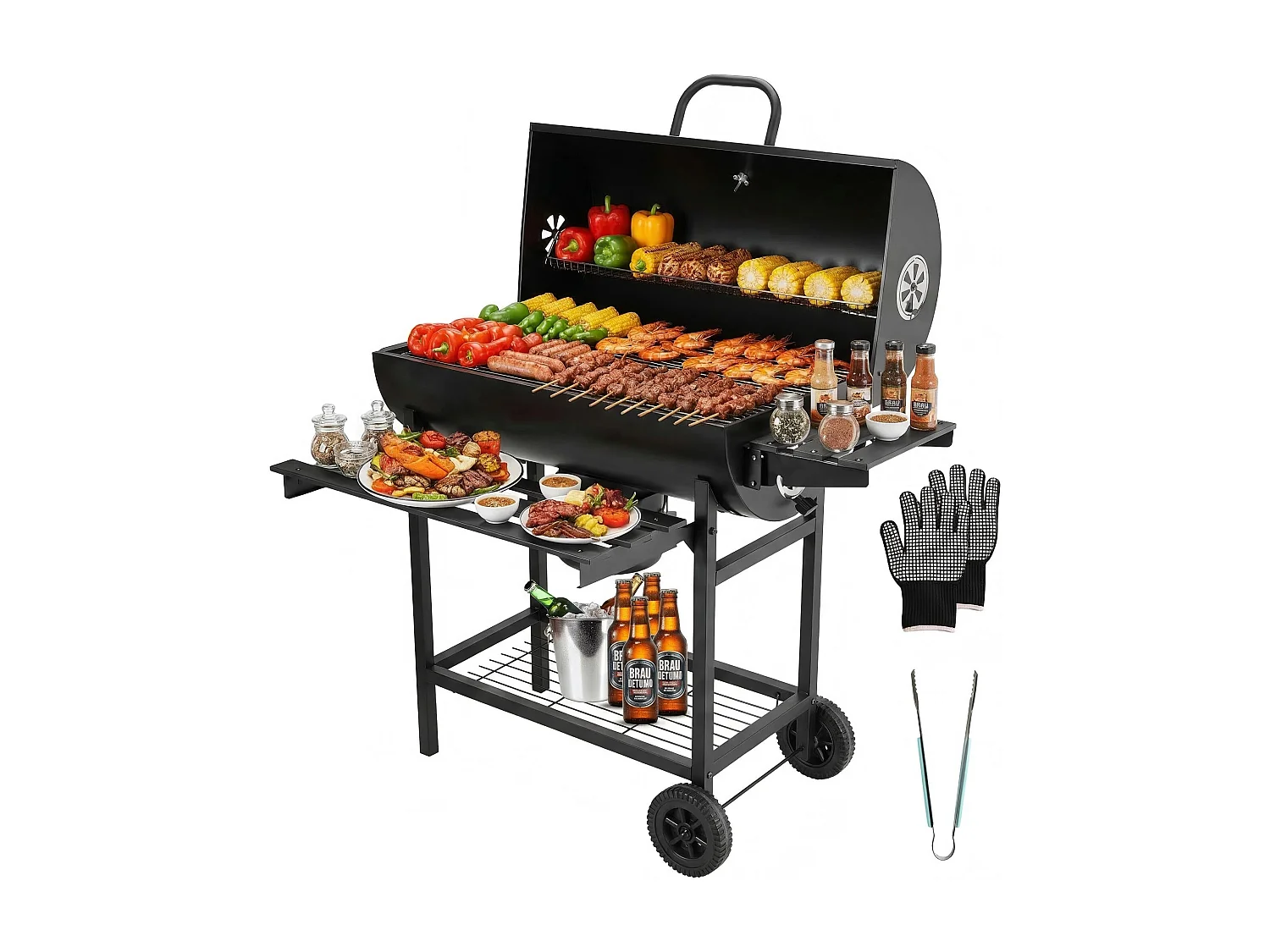 Gril à charbon de bois, gril à charbon de bois XXL avec couvercle, thermomètre, tiroir à cendres, gants anti-brûlure, évents réglables