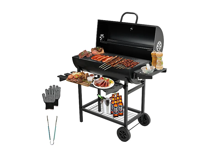 Gril à charbon de bois, gril à charbon de bois XXL avec couvercle, thermomètre, tiroir à cendres, gants anti-brûlure, évents réglables