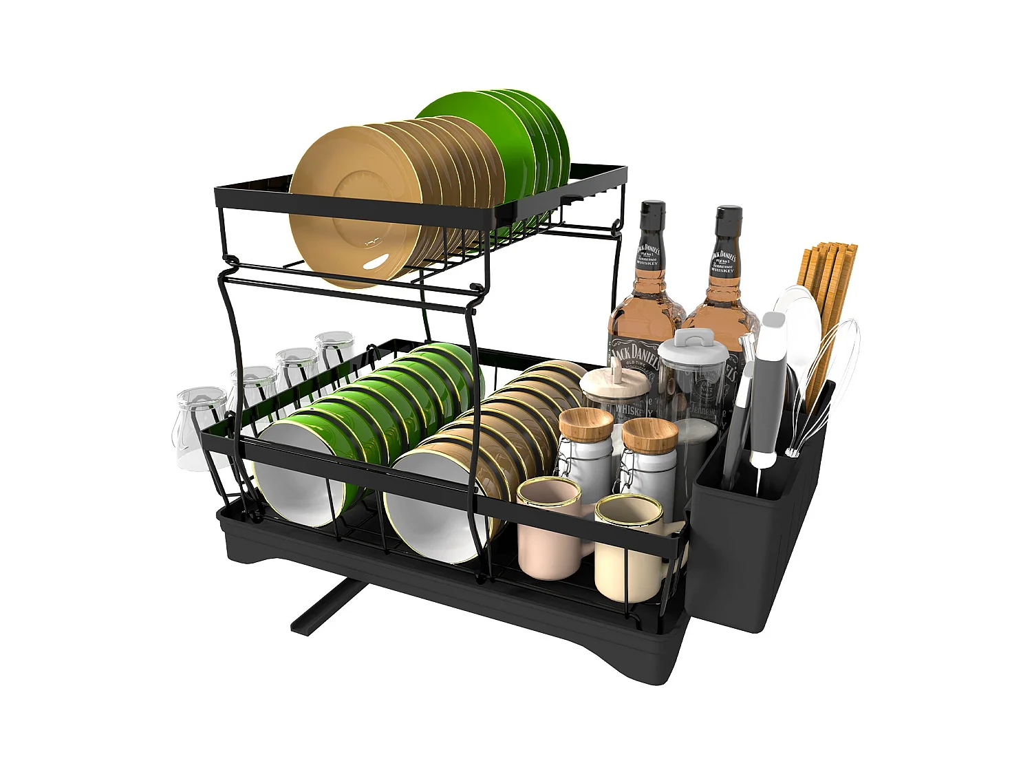 Égouttoirs à Vaisselle à 2 Niveaux Noir,Égoutoire Vaisselle Cuisine avec bac Récupération Amovible et Porte-Couverts.