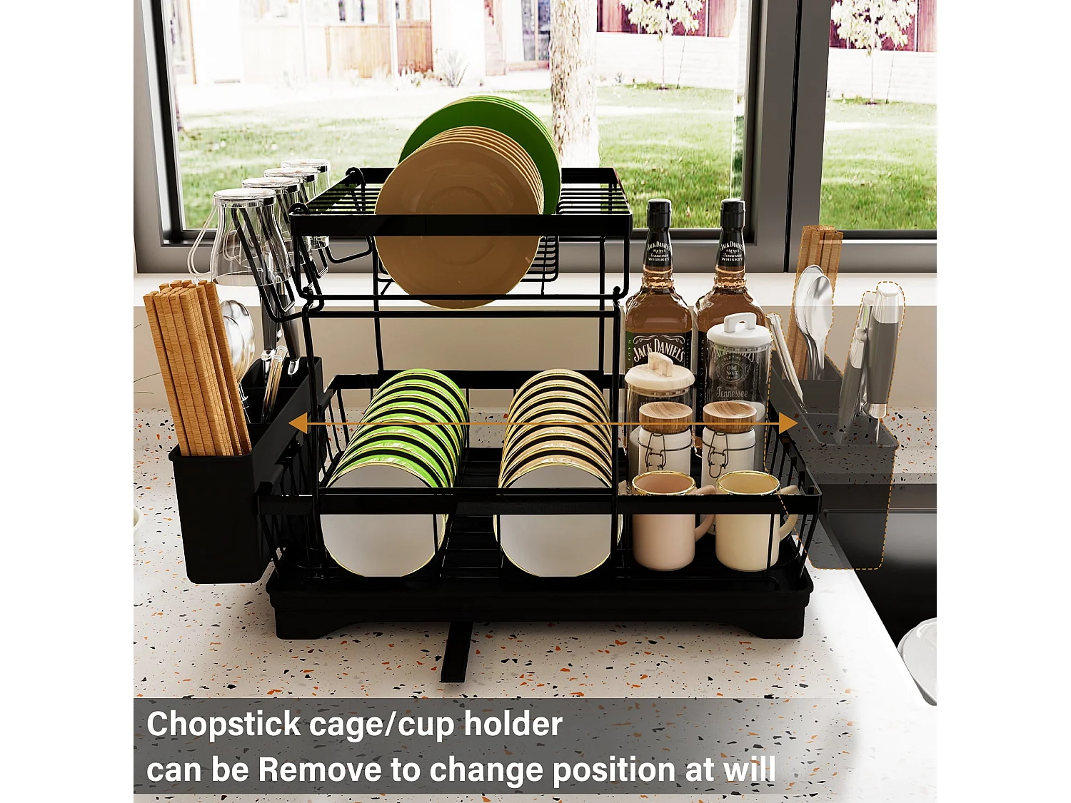 Égouttoirs à Vaisselle à 2 Niveaux Noir,Égoutoire Vaisselle Cuisine avec bac Récupération Amovible et Porte-Couverts.