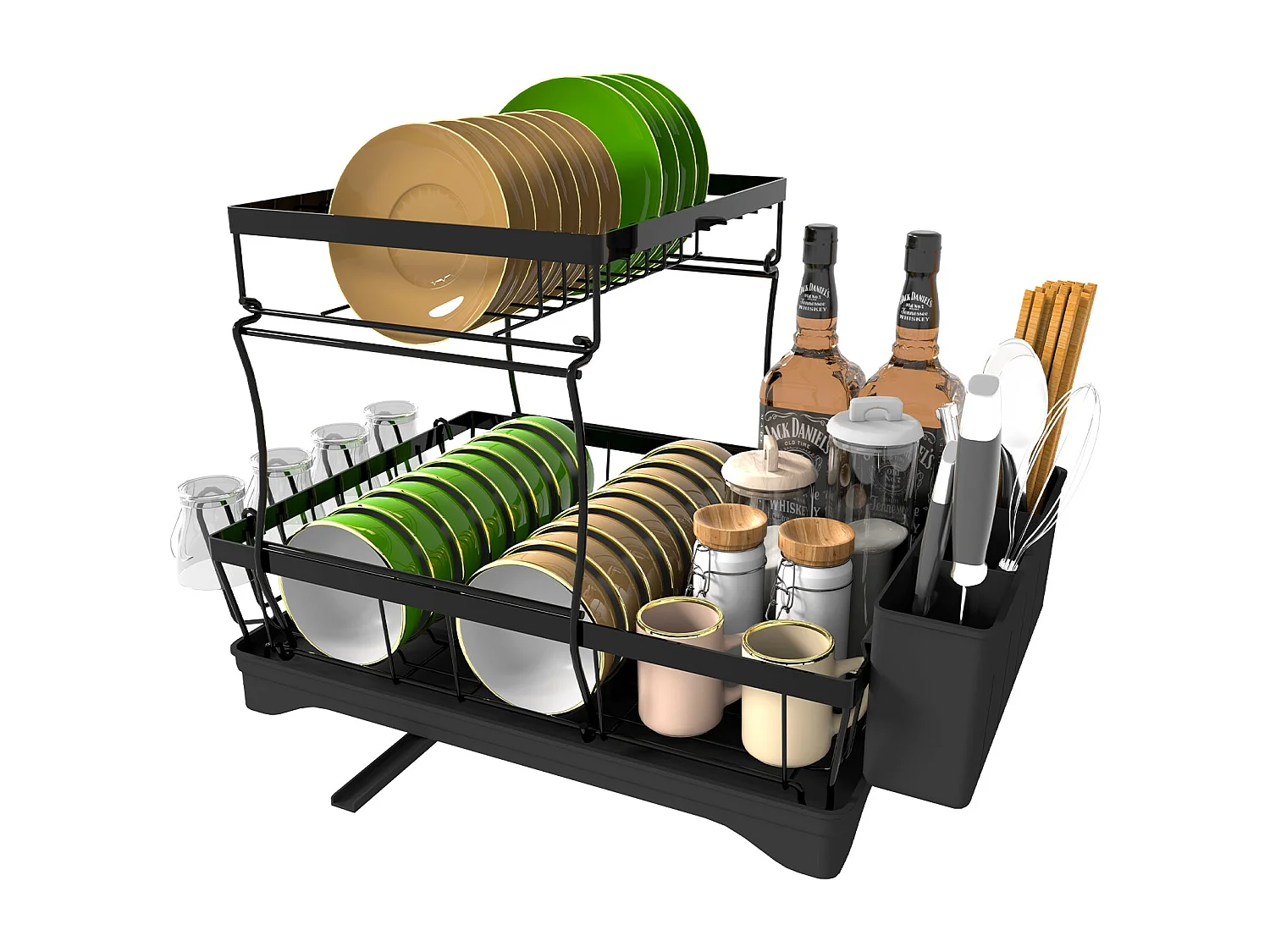 Égouttoirs à Vaisselle à 2 Niveaux Noir,Égoutoire Vaisselle Cuisine avec bac Récupération Amovible et Porte-Couverts.