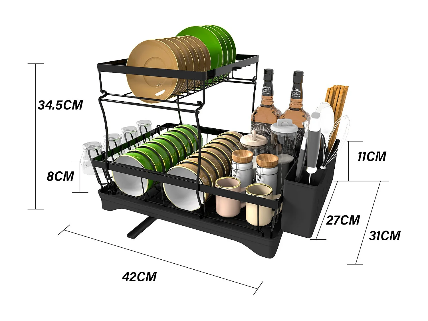 Égouttoirs à Vaisselle à 2 Niveaux Noir,Égoutoire Vaisselle Cuisine avec bac Récupération Amovible et Porte-Couverts.