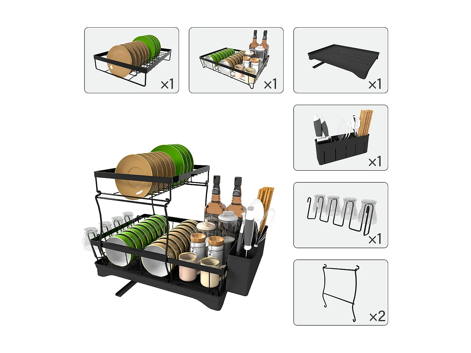 Égouttoirs à Vaisselle à 2 Niveaux Noir,Égoutoire Vaisselle Cuisine avec bac Récupération Amovible et Porte-Couverts.