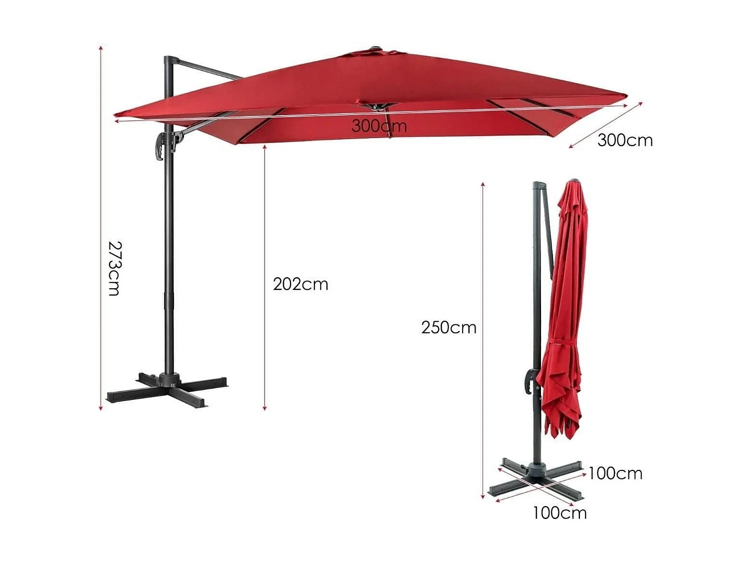 Ombrellone 300 cm per cortile con 3 inclinazioni e rotazione a 360°, Ombrellone da esterno con 8 stecche Vinaccia