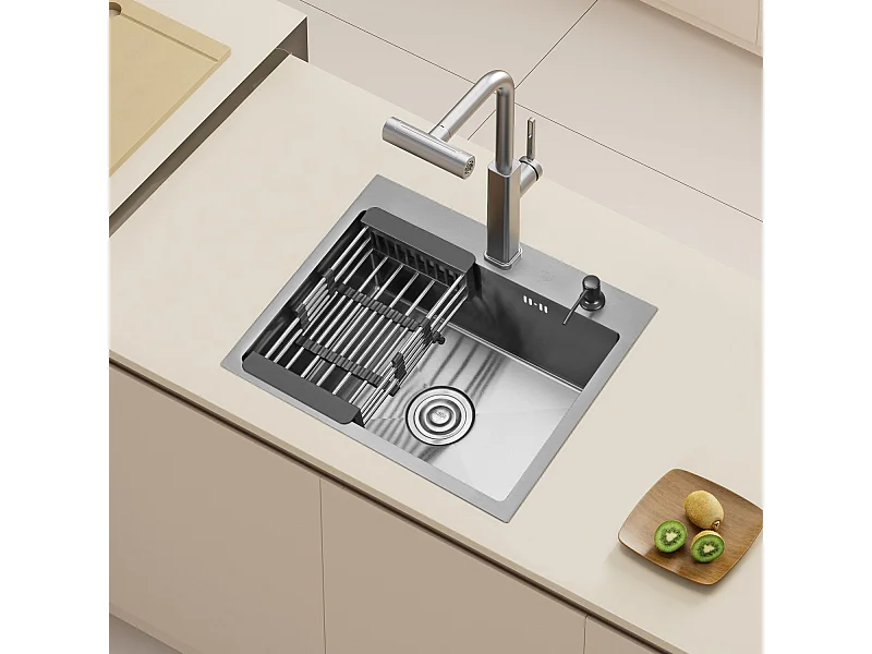 Cuisine Evier Simple en Acier Inoxydable 55x45x19 cm, avec Panier d'égouttage Télescopique, Distributeur de Savon en Acier Inoxydable, Noir