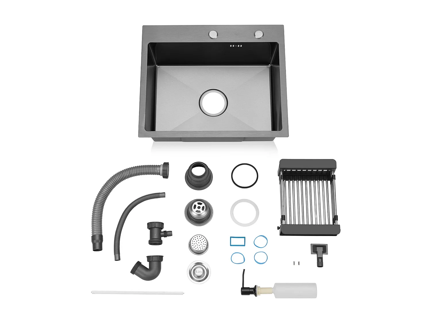 Cuisine Evier Simple en Acier Inoxydable 55x45x19 cm, avec Panier d'égouttage Télescopique, Distributeur de Savon en Acier Inoxydable, Noir