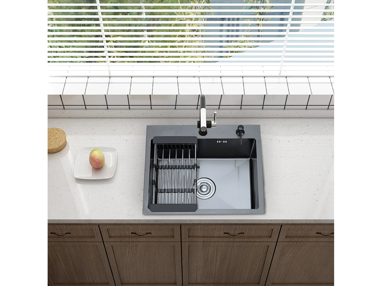 Cuisine Evier Simple en Acier Inoxydable 55x45x19 cm, avec Panier d'égouttage Télescopique, Distributeur de Savon en Acier Inoxydable, Noir