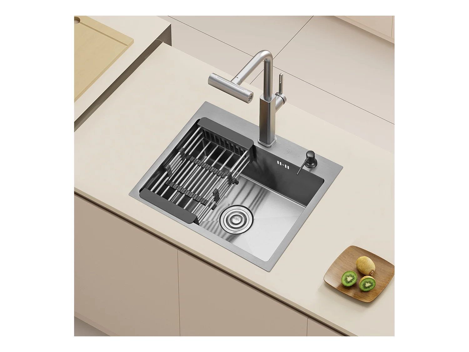 Eenvoudige keuken Evier van RVS 55x45x19 cm, met Telescopische afvoermand, Zeepverdeler van RVS, Zwart