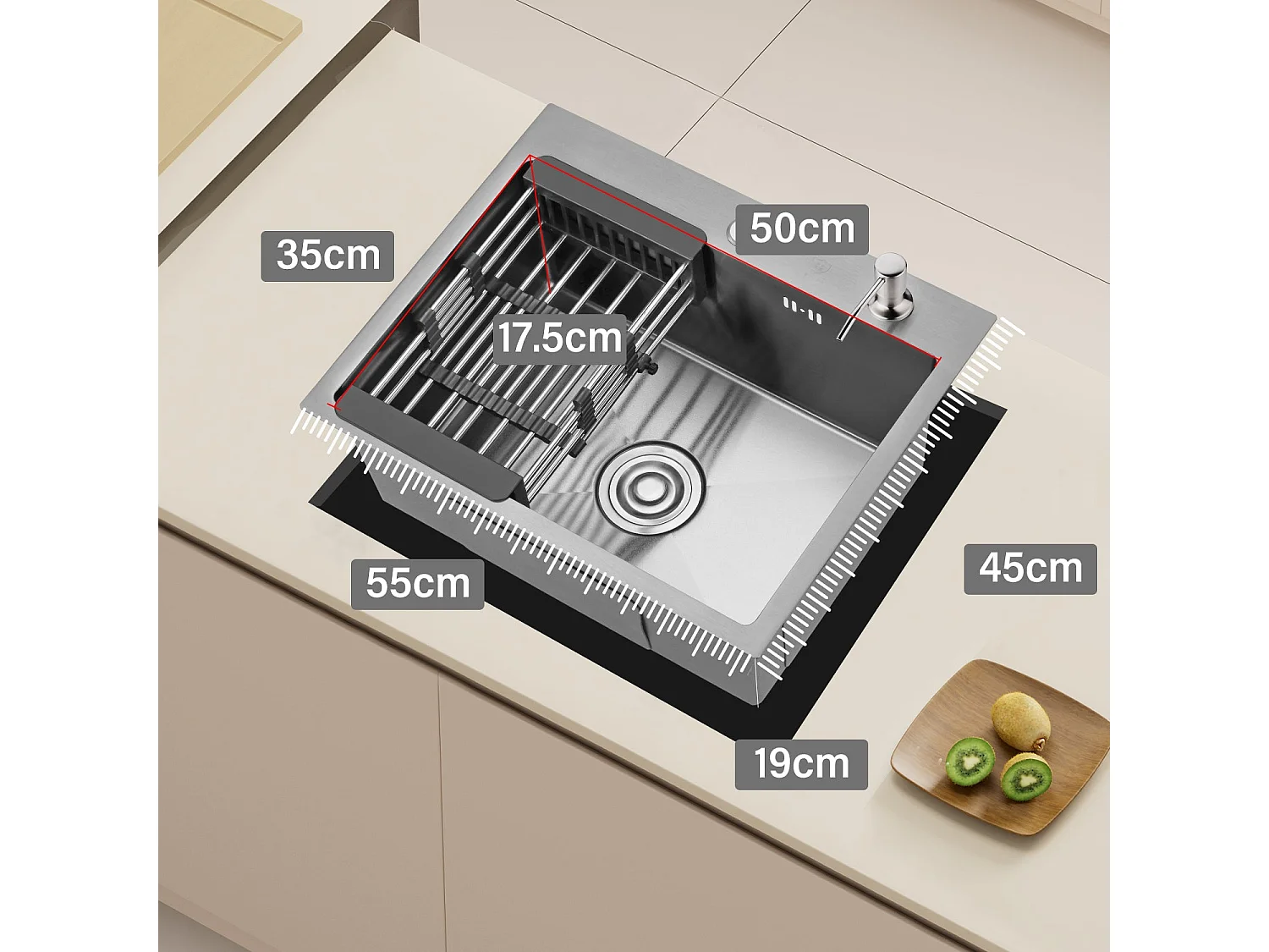 Eenvoudige keuken Evier van RVS 55x45x19 cm, met Telescopische afvoermand, Zeepverdeler van RVS, Zwart