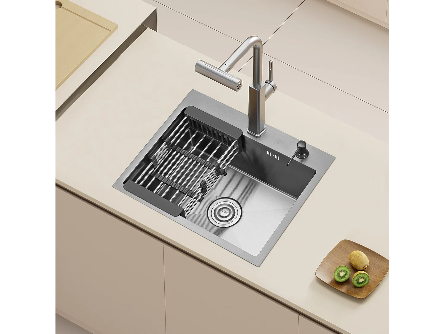 Cuisine Evier Simple en Acier Inoxydable 55x45x19 cm, avec Panier d'égouttage Télescopique,
