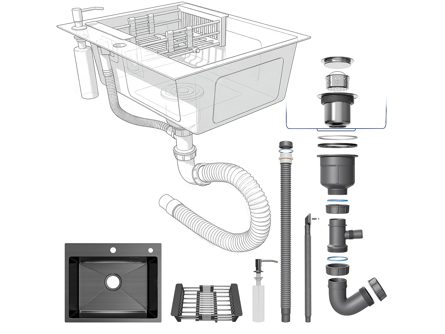 Eenvoudige keuken Evier van RVS 55x45x19 cm, met Telescopische afvoermand, Zeepverdeler van RVS,