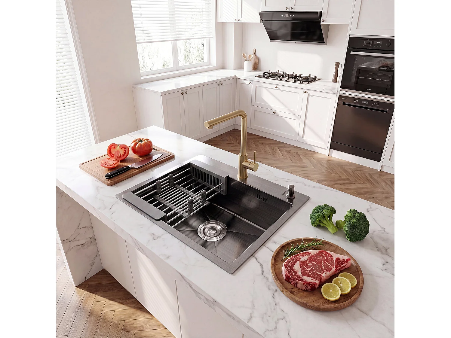 Eenvoudige keuken Evier van RVS 55x45x19 cm, met Telescopische afvoermand, Zeepverdeler van RVS,