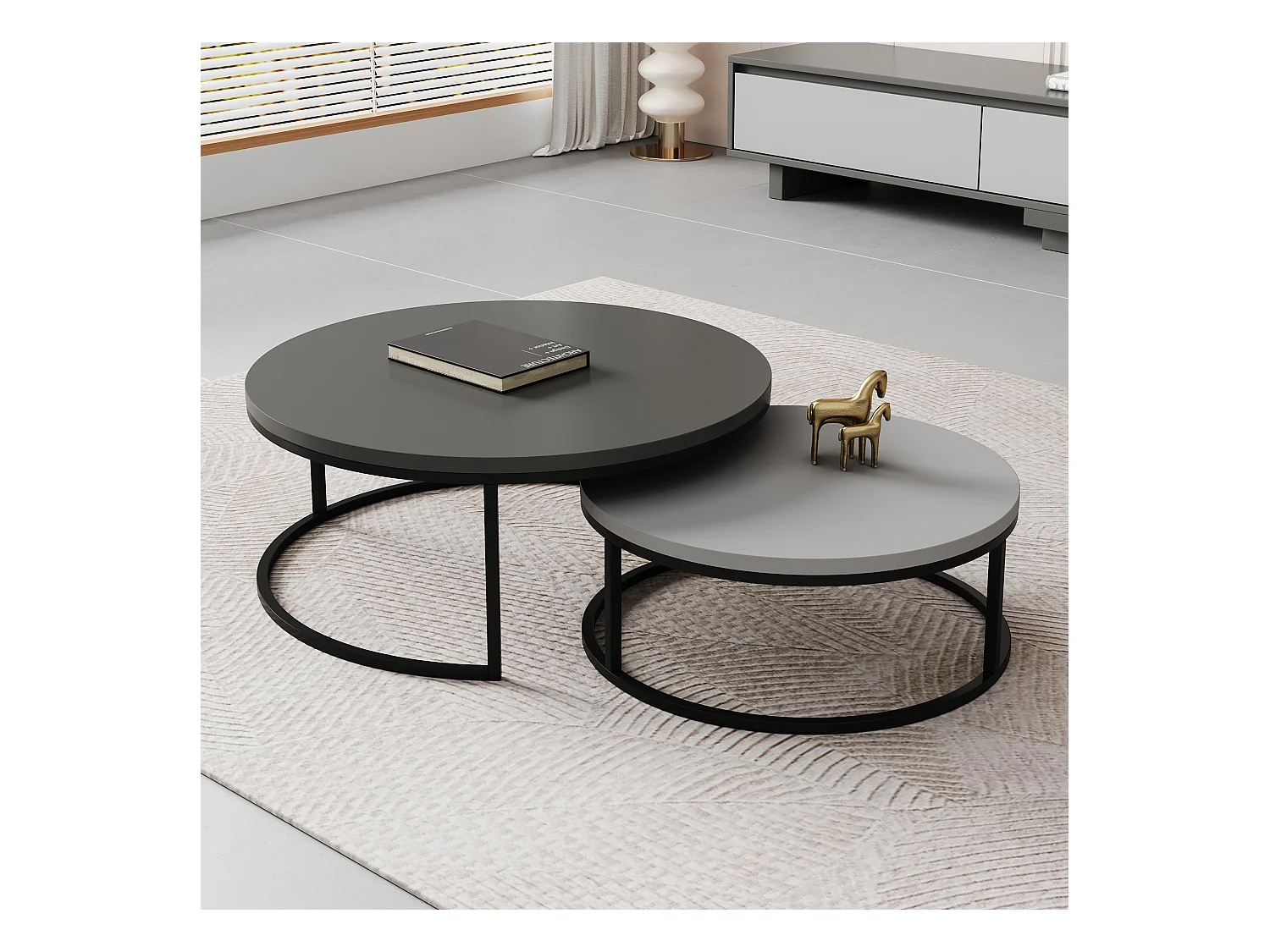 Mesa de centro redonda, juego de 2 mesas de centro, mesas auxiliares nido, madera y metal, diseño moderno, gris.