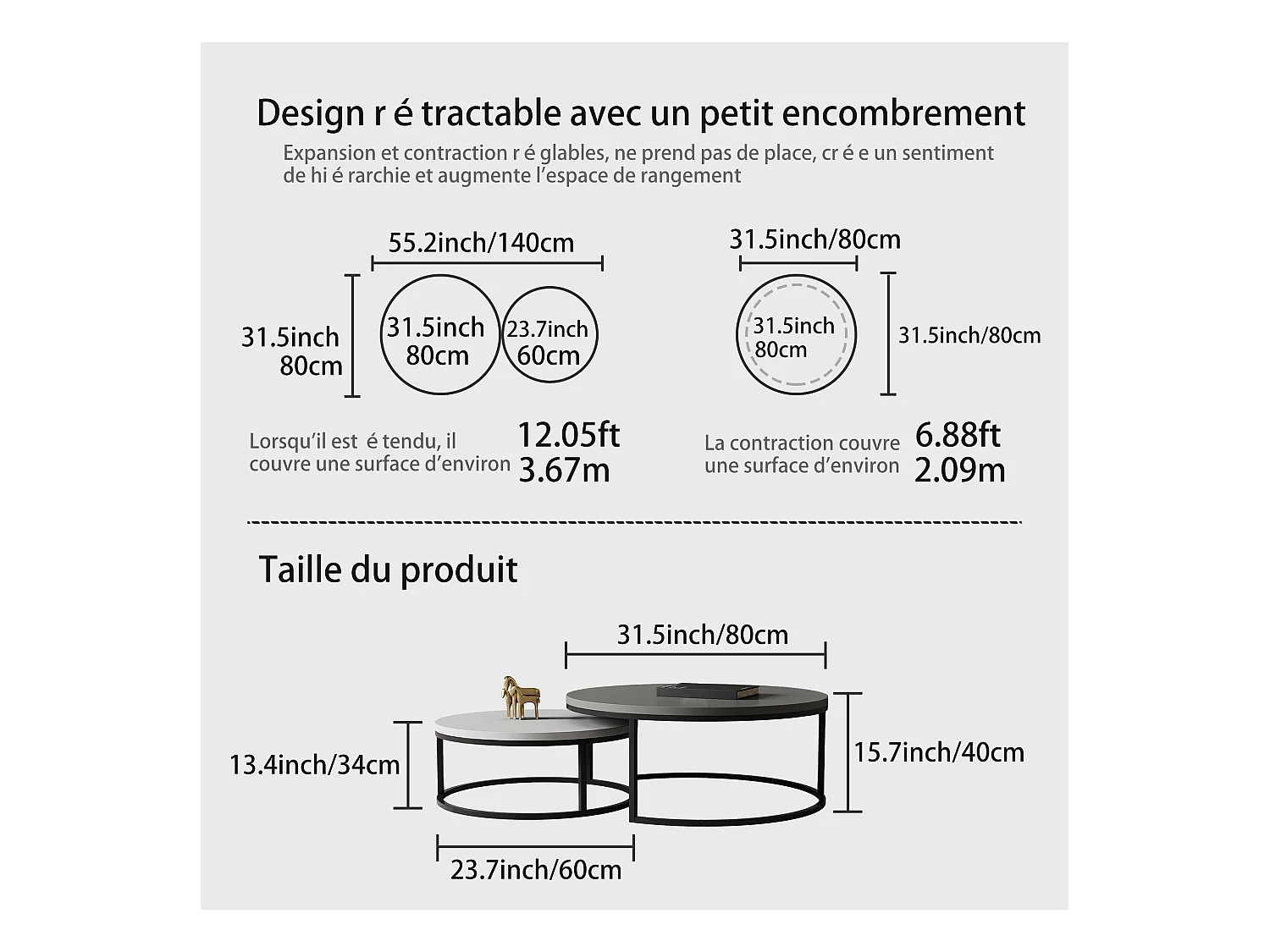 Mesa de centro redonda, juego de 2 mesas de centro, mesas auxiliares nido, madera y metal, diseño moderno, gris.